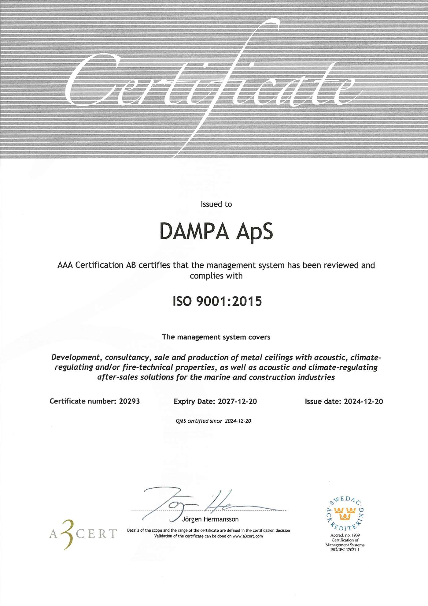DAMPA ISO Certificate